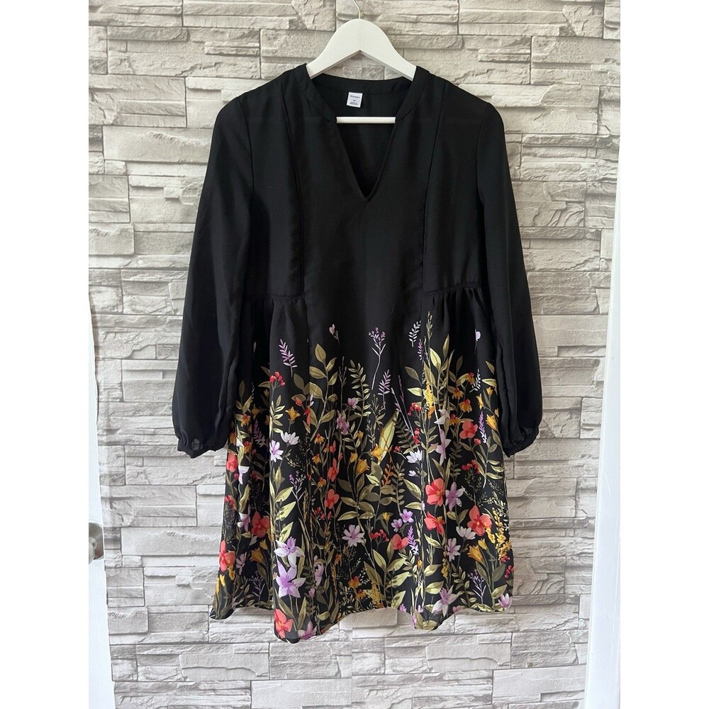 Old Navy Womens Sz XS Dress V Neck 3/4 Sleeve Black Wildflower Sheath Peasant
